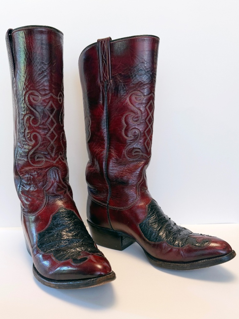 Vintage Lucchese San Antonio 2318 Oxblood Ostrich Inlay Boots 8.5 D 1980s